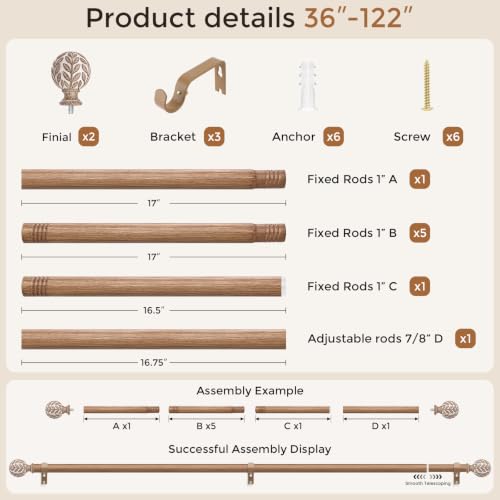 Curtain Rod 36-122 Inch, Boho Wood 1 Inch Curtain Rods for Windows - color: White Wood, size: 36''-122'' (1 Pack)