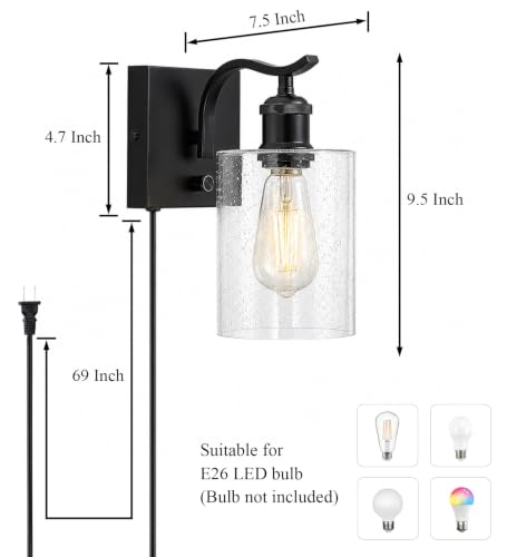 Set of 2 Plug in Black Seeded Glass Wall Sconces, Dimmable Farmhouse Bathroom Wall Mount Light, Vanity Lighting Fixtures,Indoor Metal Wall Lamp for Living Room Bedroom Kitchen Hallway