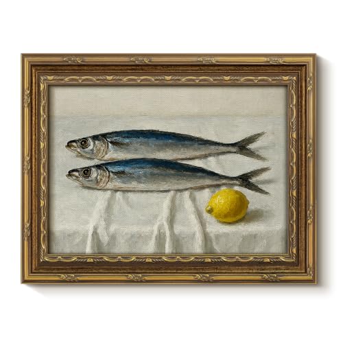 VIYYIEA Gold Framed Canvas Wall Art, Vintage Sardine Fish Lemon Still Life Oil Painting, Impressionist Aesthetic Artwork, Wall Decor for Kitchen, Dining Room, 8x10 Inch, No Glass - color: Sardine Still Life, size: 10"L x 8"W