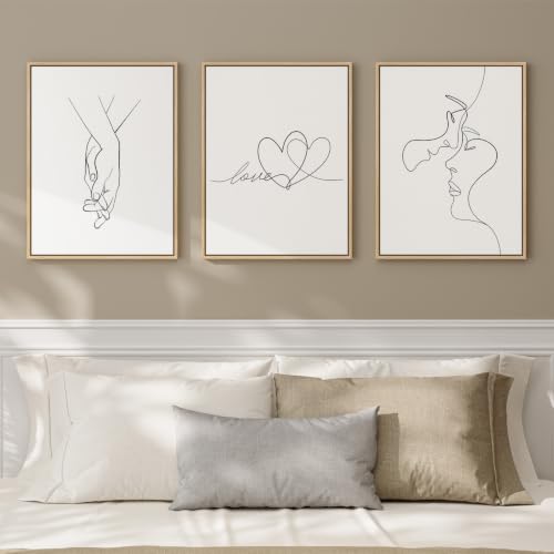 Framed Minimalist Couple Love Heart Line Canvas Wall Art Bedroom, 12x16 In - color: White, size: 12" W x 16" H x 3Pcs