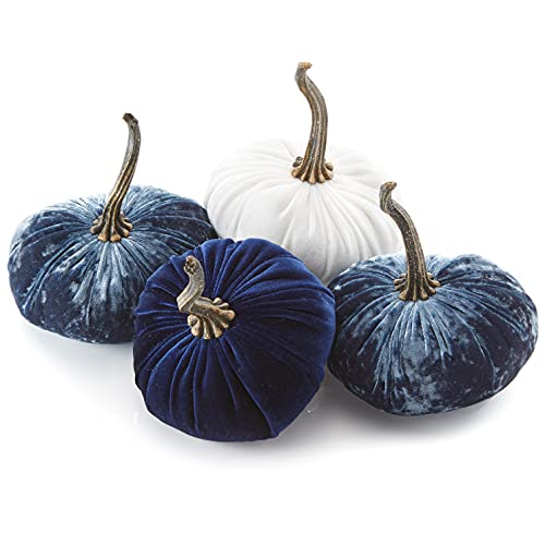 Your Heart's Content Set of 4 Small Velvet Pumpkins (Sm 2Indigo Navy Ivory) - color: Sm 2indigo Navy Ivory