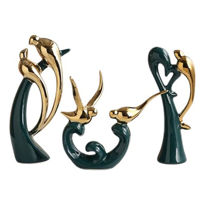 Ceramic Statues Set of 3, Birds and Base Sculpture Modern Home Decor - color: Green and Gold
