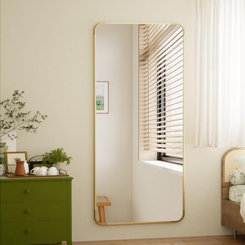 BEAUTYPEAK 71" x 26" Rounded Corner Full Length Mirror with Stand, Gold - color: Gold, size: 71"L x 26"W