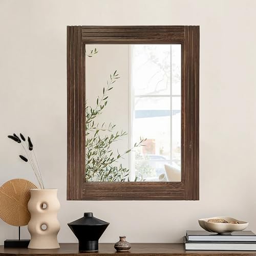 Hand-Made Wooden Spliced Wall Mirror for Bathroom, Rustic Farmhouse Vanity Mirror, Décor Wall Art, Solid Wood Frame, Vertical or Horizontal Hanging(Brown, 32" x 24", Rectangular) - color: Brown, size: 32"L x 24"W
