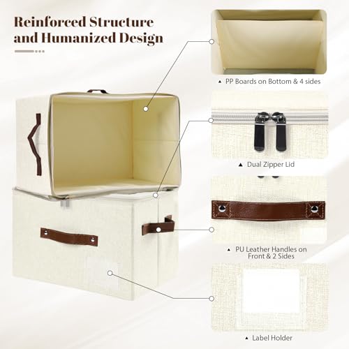 ANMINY Storage Box Fabric Bins with Zipper Lid, 17.7"x13.8"x10" Beige - color: Beige, size: Large (Pack of 1）