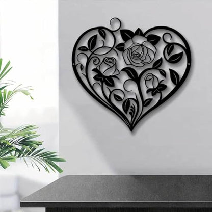 Heoclao Heart Rose Metal Wall Art, Romantic Black Iron Sculpture with Rose Design, Floral Home Decor for Bedroom, Living Room or Wedding - 11.81 Inch