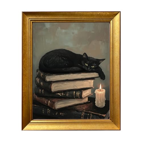 Framed Vintage Cat Wall Art for Bedroom Decor Antique Painting Black Cat Wall Art Canvas Print for Study Room Living Room Home Decor Aesthetic - color: Black Cat, size: 20"L x 16"W