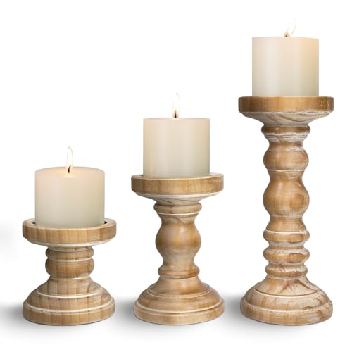 Candle Holder for Pillar Candle Set of 3, Farmhouse Wood Candle Holder, Rustic Wooden Candle Stand, Vintage Tall Candle Stand Decorative for Living Room, Table Centerpiece,Brown - color: Washedbrown