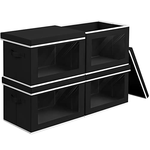 Homsorout Cube Storage Bins with Lids, Clear Window Storage Baskets for Organizing, Fabric Organizer Bins with Handle, Cloth Storage Bins for Shelves, Closet, Clothes, Towels, 4 Packs, Black - color: Black, size: L(4-Pack)