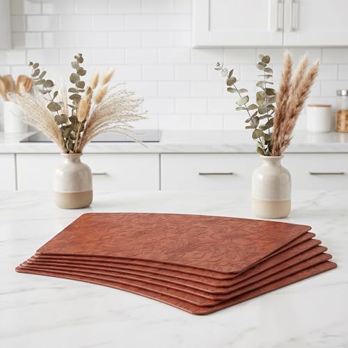 Faux Leather Set of 6, Placemats with Carving Floral Design - color: Brown
