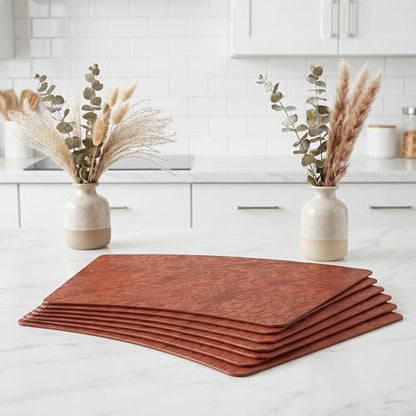 Faux Leather Set of 6, Placemats with Carving Floral Design - color: Brown