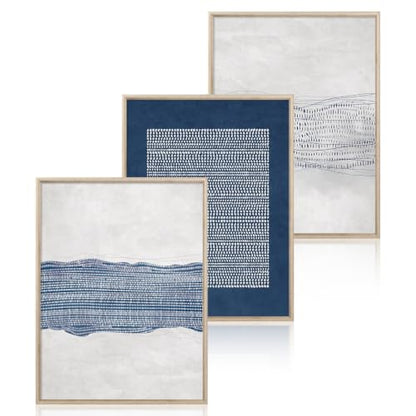 Aryroi Navy Blue and White Abstract Framed Canvas Wall Art Set- 12"x16"x3 - color: Navy Blue Dot Wall Art - White Oak Framed, size: 12"L x 16"W