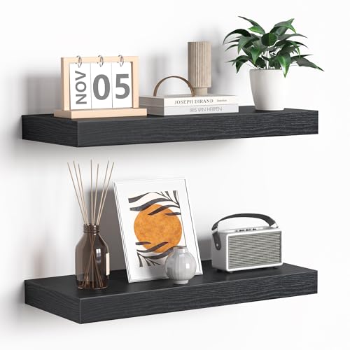 Fun Memories Floating Shelves - 16 Inch Rustic Black Wall Shelf - Wall Mounted Shelves for Wall Decor Storage - Wooden Shelves with Invisible Brackets for Living Room, Bedroom, Kitchen, 2 Pack - color: Black, size: 16"L x 6.7"D