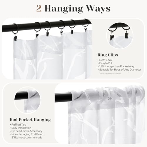 HOMEIDEAS White Semi Sheer Curtains 96 Inches Long,Birds on Branch,2 Panels - color: White - Birds on Branch, size: 52"W x 96"L (Pack of 2)