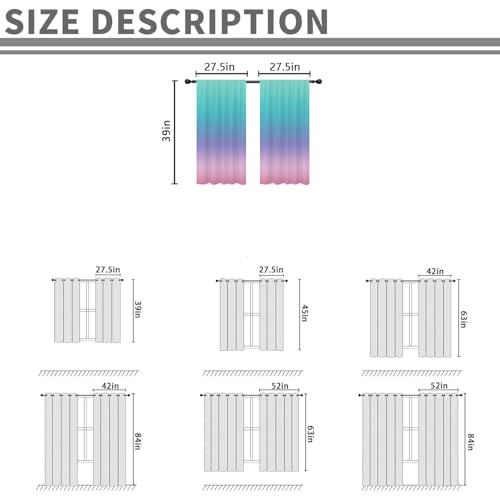 Teal Pink Kitchen Curtains, Ombre, 27.5" W x 39" L, Rod Pocket - color: Teal Pink, size: 27.5"W x 39"L (Pack of 2)