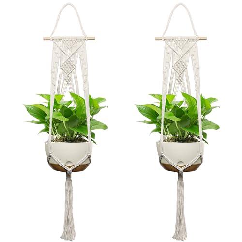 USLAI Macrame Plant Hanger, for Up to 12 Inch Pots, 47 Inch, Ivory, 2 Pack - color: 47+47 Inch - Ivory
