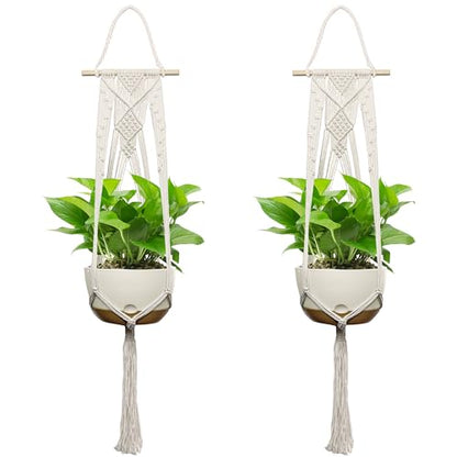 USLAI Macrame Plant Hanger, for Up to 12 Inch Pots, 47 Inch, Ivory, 2 Pack - color: 47+47 Inch - Ivory
