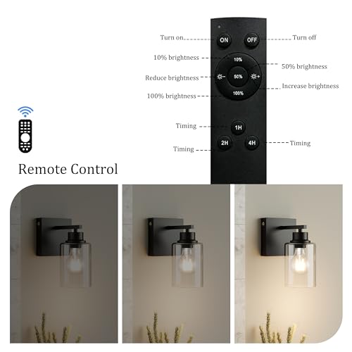 Wireless Battery Operated Wall Sconce Set of Two with Remote Control | Black Dimmable Rechargeable Wall Lights with Timer, Easy Install Clear Glass Lamp for Living Room Bedroom, Emergency 3000K - color: Black(Clear Lampshades)