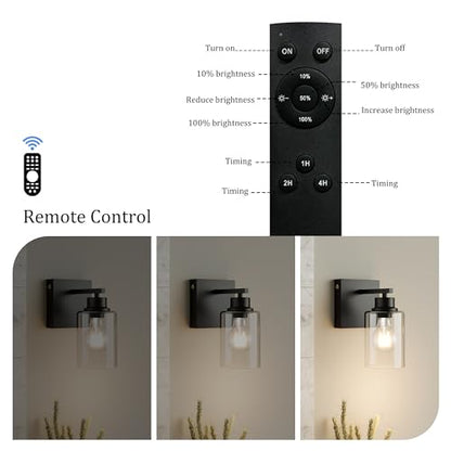 Wireless Battery Operated Wall Sconce Set of Two with Remote Control | Black Dimmable Rechargeable Wall Lights with Timer, Easy Install Clear Glass Lamp for Living Room Bedroom, Emergency 3000K - color: Black(Clear Lampshades)