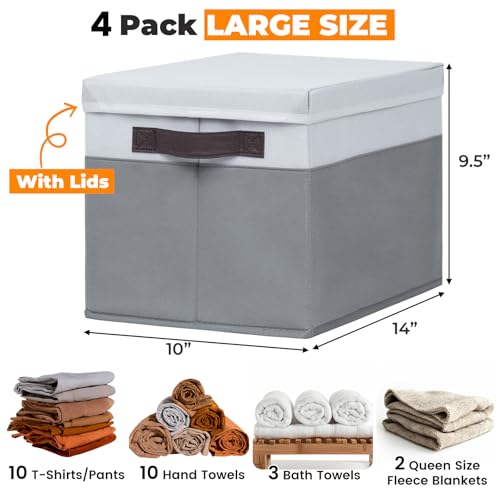 Large Closet Storage Baskets Bins with Lids 4 Pack, Storage Baskets for Organizing Shelves Nursery Bedroom, Home Dorm Closet Organizers Cubes for Clothes Toys Blanket Book - Stackable -14x10x9.5 - color: White with Grey, size: 4pcs-Large