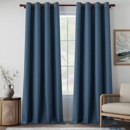 Denim Blue Full Blackout Linen Curtains 108 Inches Long 2 Panels - color: Denim Blue, size: 52"W x 108"L (Pack of 2)