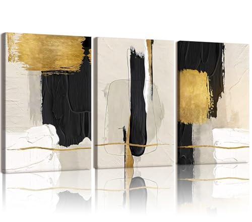 RZIGERNO 3 Pcs Black White and Gold Abstract Wall Art Modern Textured Framed Canvas Prints Painting 16x24 Inch Neutral Minimalist Wall Decor Poster for Living Room Bedroom Office - color: Black and gold abstract, size: 24"L x 16"W