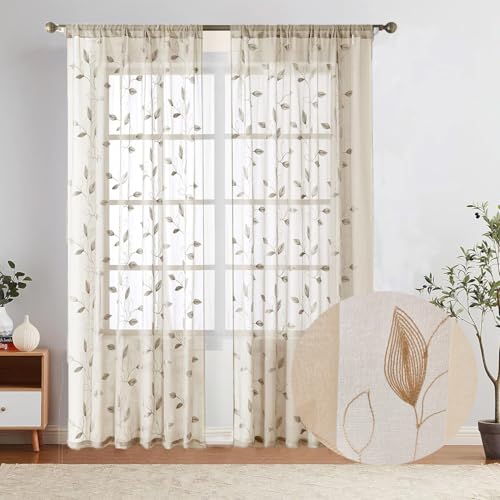 Elegant Sheer Curtains with Embroidered Leaf Design Spring Floral Curtains for Bedroom Light Filtering Rod Pocket Window Treatments Decor 2 Panels (Beige, 52inch*84inch(132cm*213cm)) - color: Beige, size: 52"W x 84"L