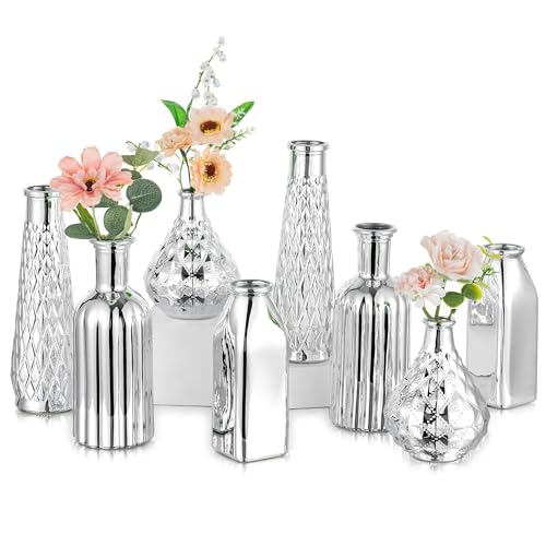 Glasseam Silver Glass Vase for Single Flower: 8 Pcs Small Decorative Vases - size: 8pcs