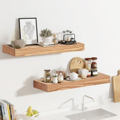 Solid Wood Floating Shelves, 17 Inch Wall Shelves, Set of 2, Oak - color: Oak, size: 17x8x1.6