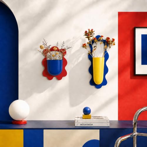 Wall Mount Flower Vase Detachable Metal Wall Plant Pot 2 Pack - color: Yellowred Navy