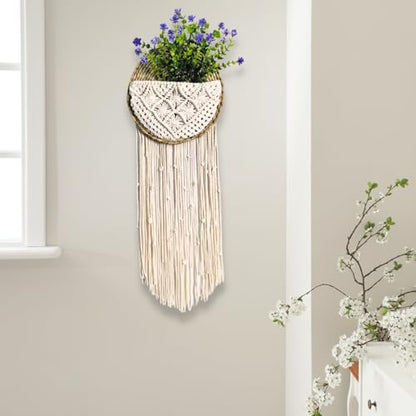 Macrame Wall Basket with Purple Eucalyptus Camellia, Macrame Plant Hanger, Hanging Planter Basket Holder, Boho Wall Decor, Garden Balcony Flower Holder, Home Decor Gift, 10" 31", Cotton Cord