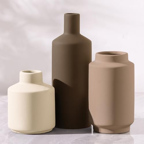 Ceramic Vase Set of 3, Modern Decorative Vases for Home Decor, Small Flower Pottery Vase Sets, Boho Farmhouse Rustic Vases for Living Room, Kitchen, Bedroom, Bathroom, Shelf, Table - color: Multi Earthy