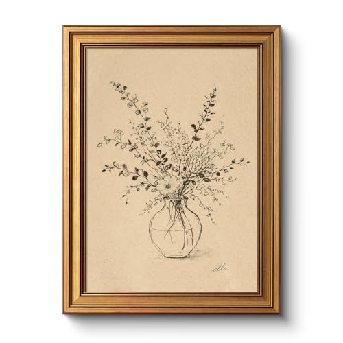Vintage Botanical Wall Art Framed 12x16 Wildflower Bouquet in Vase Sketch - color: Flowers in a Vase Sketch, size: 16"L x 12"W