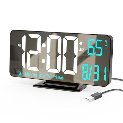 KOSUMOSU Digital Alarm Clock 6.7in Black Clock for Bedroom, Dual Alarm, Date, Seconds,Day of Week,12/24h,Dimming, Temp, Desk Clock, LED Clock for Living Room, Calendar Digital Clock - color: Black Clock(white + Blue Digits)