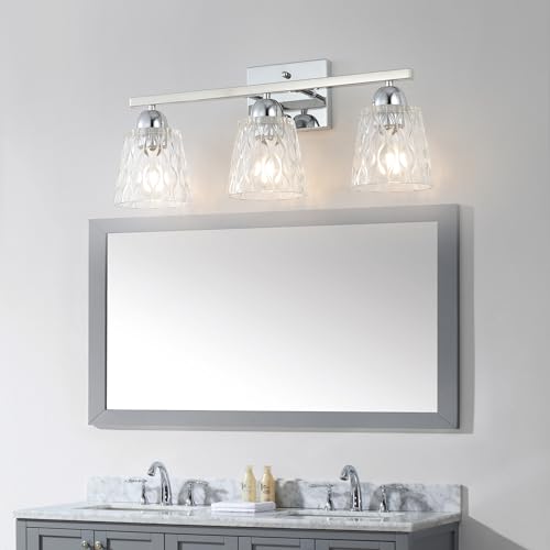 Mecgirn Stainless Steel Bathroom Vanity Light Over Mirror, 3 Light Polished Chrome Bathroom Light Fixtures with Textured Glass Shades, Modern Vanity Lighting Wall Mount - color: Polished Chrome, size: 3 Light