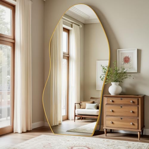 Antok Irregular Full Length Mirror, 81"x41" Asymmetrical Floor Mirror with Stand, Standing Hanging Leaning Irregular Mirrors for Bedroom Living Room Entryway, Wavy Shaped, Golden - color: Gold, size: 81"L x 41"W, style: Wavy Shaped Style