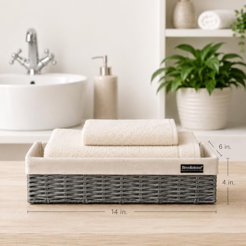 Brookstone Over the Toilet Tank Wicker Storage Basket, Bathroom and Closet Organizers and Storage Bins with Fabric Liner, Grey, 2 Pack Set - color: Grey Two Pack with Liner