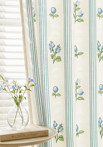 Pinch Pleat Linen Blend Curtains Blue Stripe Floral, 40"W x 102 Inches Long - color: Blue Stirpe, size: 40"W x 102"L (Pack of 2)