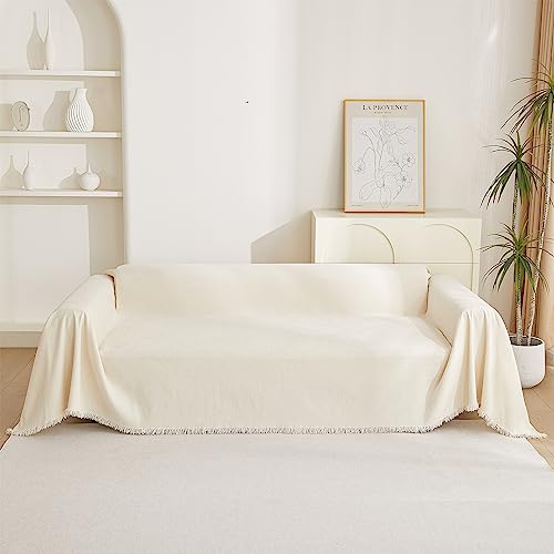 MYSKY HOME Beige Couch Covers Boho Style Chenille for 2 Cushion L-Shape Washable Couch Blanket with Tassel Pet Cushion Cover, 71" X102 - color: Tassels Edge-beige, size: 71" x 102"
