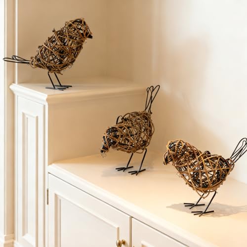 Rattan Bird Statues - 3pc Farmhouse Wicker Home Decor Figurines - color: Coffee