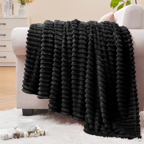 BEDELITE Ribbed Jacquard Black Fleece Throw Blanket for Couch, 50x70 Inch - color: Black, size: Throw XL(50"x70")