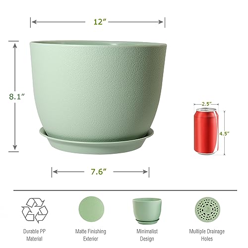 UOUZ 12inch Large Plant Pot, Modern Plastic Planter with High Driange Holes and Saucer for Indoor Outdoor Garden Plants and Flowers, Green - color: Green