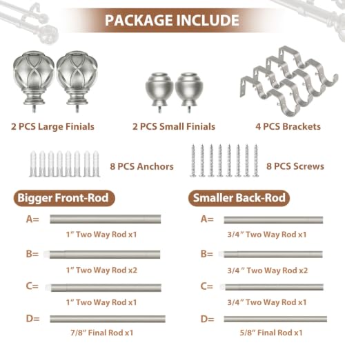 KAMANINA Double Curtain Rods for Windows 72 to 144 Inch, Adjustable, Silver - color: Antique Silver, size: 72-144"