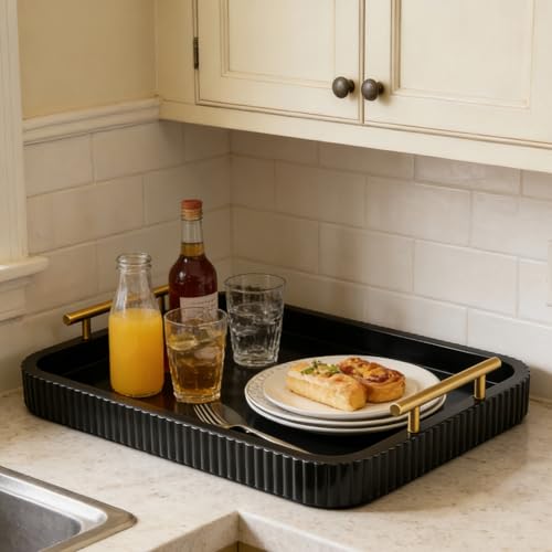Rectangle Modern Wood Serving Tray with Metal Handles, High Gloss Black Finish, 16x12 Inch Coffee Table Ottoman Tray for Storage and Display (Black) - color: Black