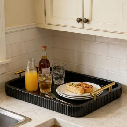 Rectangle Modern Wood Serving Tray with Metal Handles, High Gloss Black Finish, 16x12 Inch Coffee Table Ottoman Tray for Storage and Display (Black) - color: Black
