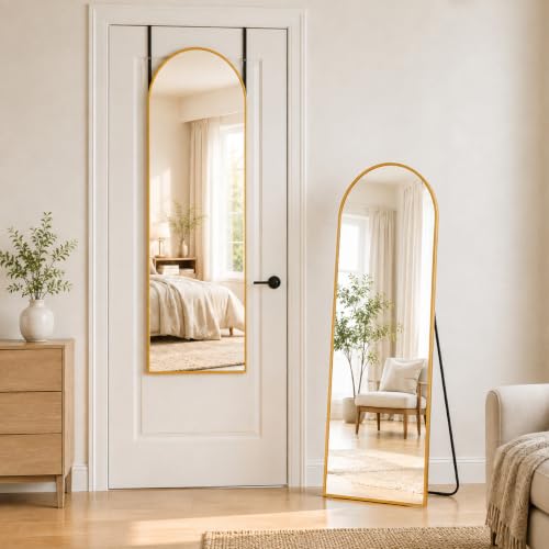 Full Length Mirror, 56"x14" Arched Floor Mirror ShatterProof Glass - color: Gold, size: 56"L x 14"W