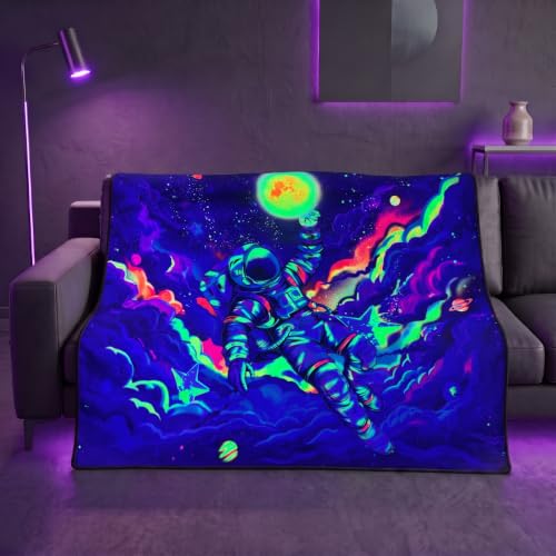 Blacklight Galaxy Space Astronaut Throw Blankets Glow in the Dark Under Black Light Spaceman Dunk Throw UV Reactive Cosmic Blanket Throw for Bedroom Dorm Decor 59”x51” - color: Astronaut Play Ball