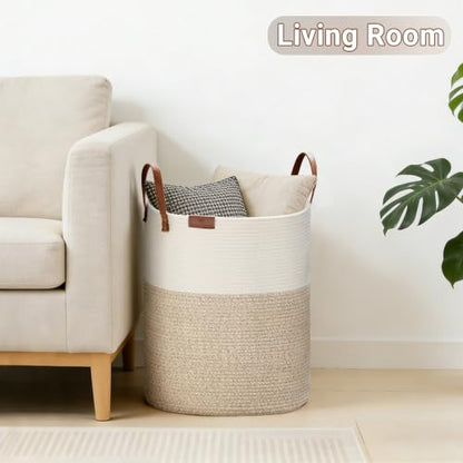 VIPOSCO 72L Tall Woven Rope Laundry Hamper, Leather Handles, White & Brown - color: Brown, size: 72L