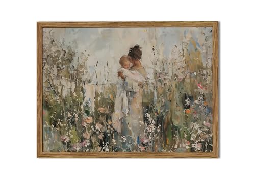 Mother Holding Child Wall Art Vintage Motherhood with Baby Wall Decor Painting Cottage Country Nursery Sign Poster Canvas Print for Kids Bedroom Living Room 10x8 inch Wood Framed - color: maternal love, size: 10"L x 8"W