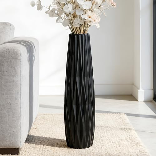 Black Tall Ceramic Floor Vase, 28 Inch, Ribbed Design - size: 28 Inch